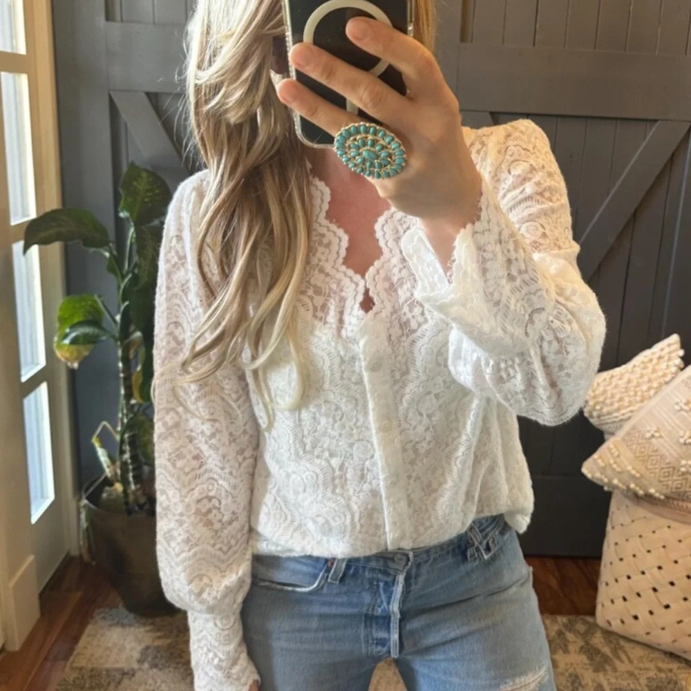 Scalloped Lace Button Front White Blouse Romantic Boho Style, Feminine Top - Picture 4 of 11
